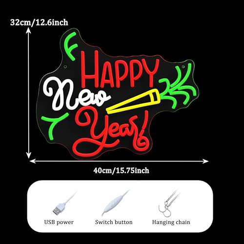 Image of GNVETZLL Happy New Year Neon Sign for Wall Decor Dimmable Colorful New Year LED Light Sign for Bar Party Celebrate New Year Christmas Decoration(15.75 * 12.6In)