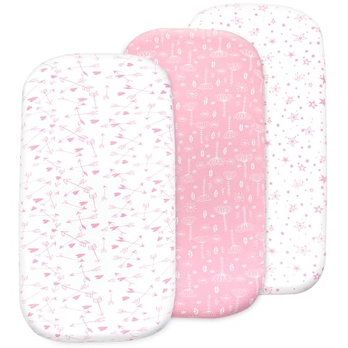 Bassinet Sheets Girl– 3-Pack Soft Fitted Bassinet Sheets, Organic Cotton, Breathable & Cozy, Fits 32x16x4 Inch Rectangle, Oval & Hourglass Mattresses (Pink Stars)