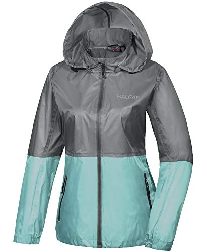 BALEAF Women's Weatherproof Thin Hooded Rain Jacket Outdoor Raincoat Windbreaker Grey/Blue M
