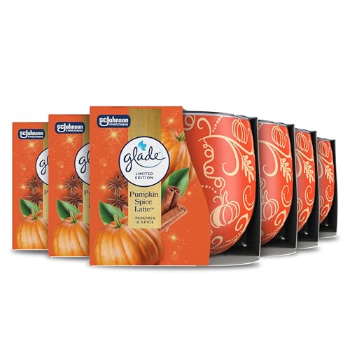 Glade Scented Candle Sleeved, Infused with Essential Oils, Made Without Palm Oil, Up to 25 Hour Burn Time, Limited Edition Christmas Candle, Pumpkin Spice Latte, Pack of 6 (6X 108g)