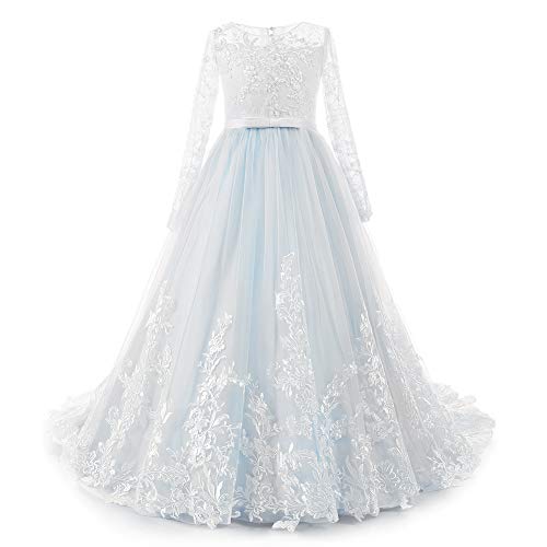 FYMNSI Flower Girl Tulle Dress Kids Lace Beaded Pageant Long Sleeve First Communion Christmas Wedding Cocktail Ball Gowns4