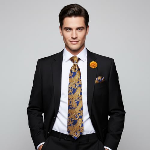 Image of 5PCS Tie and Pocket Square for Men, Silk Necktie and Handkerchief Cufflinks with Gold Ring and Lapel Pin Set