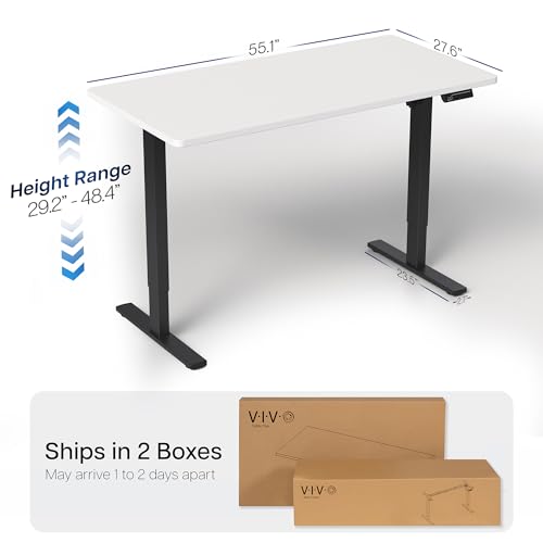 Image of VIVO White 55 x 28 in Standing Desk, DESK-KIT-1B55W | Electric, Holds 220 lbs, Sit Stand Up, Height Adjustable, Solid One-Piece Table Top, Memory Presets, 1B Series, Black Frame