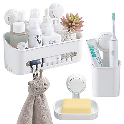 Shower Caddy Suction Cup Sets, No Drilling Shower Basket Waterproof Caddy Organizer Perfect Wall Mounted Bathroom Storage 3 of Pack Include Shower Caddy, Toothbrush Holder & Soap Dish - White