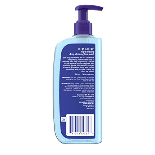 Clean & Clear Night Relaxing Deep Cleaning Oil-Free Face Wash With Deep Sea Minerals, Sea Kelp Extract & Glycerin, Purifying Facial Cleanser For All Skin Types, Non-Comedogenic, 8 Fl Oz, Pack Of 6 #TOP1