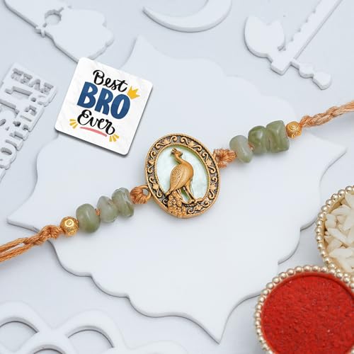 Image of eCraftIndia Peacock Rakhi for Brother Bhaiya Bhai with Best Bro Ever Fridge Magnet | Roli Chawal Pack