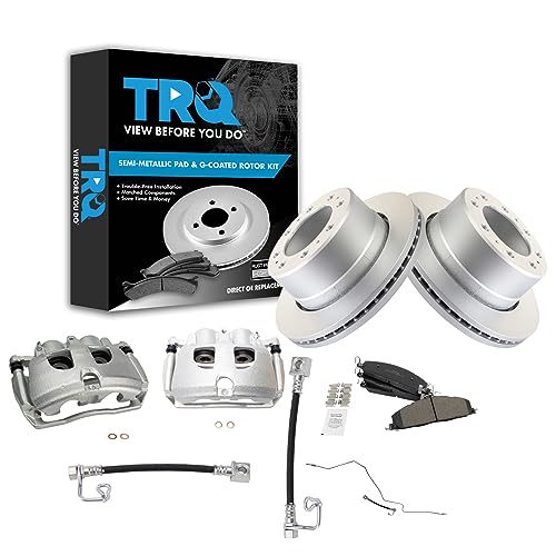 Image of TRQ Rear Brake Pad, Caliper, Hose, & Rotor Kit Semi-Metallic Premium G-Coated Compatible with 2009-2010 Dodge Ram 2500, 3500 2011-2013 Ram 2500 2011-2012 3500