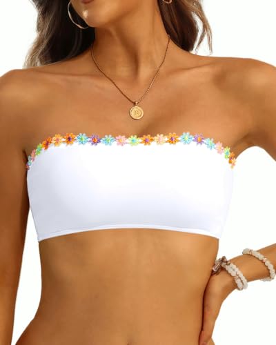 Image of Aqua Eve Women Bandeau Bikini Top Only Strapless Swim Top Tube Swimsuit | Removable Straps,Removable Soft Cups,Adjustable Straps,Full Lining,Stretch Fabric