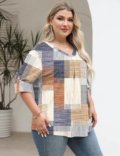 TFSDOD Plus Size Women Blouses 3/4 Sleeve Long Sleeve V Neck T Shirts Summer Business Casual 1X-5X4