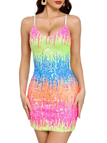 Image of Women's Glitter Sequin Dress Adjustable Spaghetti Strap Fashion Sparkle Party Dresses