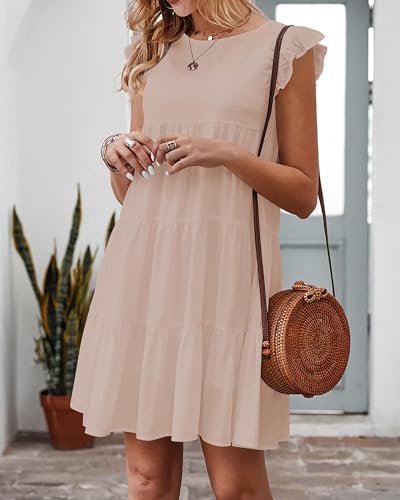 Image of KIRUNDO Summer Dresses for Women Sundress Sleeveless Ruffle Sleeve Round Neck Loose Short Flowy Pleated Mini Babydoll Dress