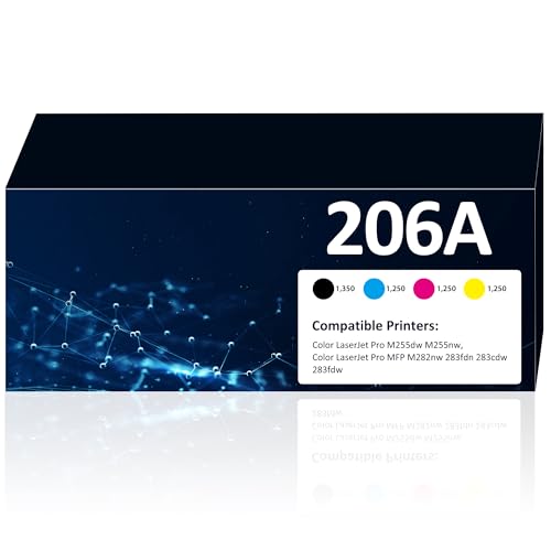 206A Toner Cartridges 4 Pack M283fdw M283cdw Toner Compatible for HP 206A 206X Set for HP Color Laserjet Pro M255dw M255nw MFP M283fdw M283cdw M282nw M283fdn Printer(Black/Cyan/Yellow/Magenta)