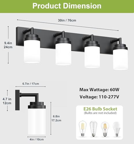 Image of Bathroom Light Fixtures, Matte Black Bathroom Lighting Fixtures Over Mirror, Modern Vanity Light with White Glass Shade, Restroom Lighting Fixtures, 4-Light 30-inch