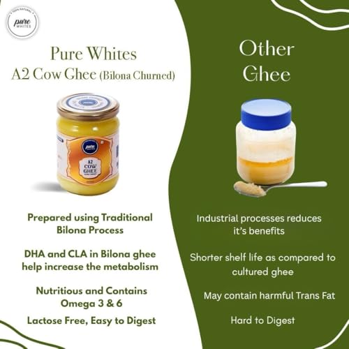Image of Pure Whites A2 Cow Ghee 500 ml | Traditional Bilona Method | Homemade Organic Fresh Ghee Cow Milk | Danedar Texture & Rich Aroma | Lactose Free, Pure, Natural & Healthy | Rich in Omega 3 and 6