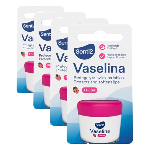 Senti2 Vaselina Labial con Fresa, Protector y Suavizante de Labios, Fácil Aplicación 20 ml (Paquete de 4)