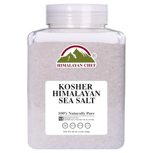 Himalayan Chef Kosher Sea Salt – Full Flavor, No Additives, unrefined and Less Sodium - Natural and Organic - 5 Pound Plastic Jar, Kosher &amp; Non GMO Certified