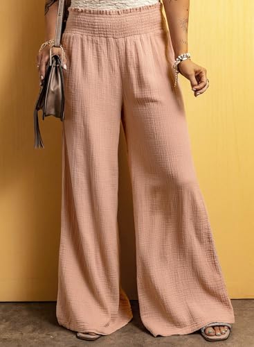 Solid Lightweight Smocked Waist Crinkled Wide Leg Pants