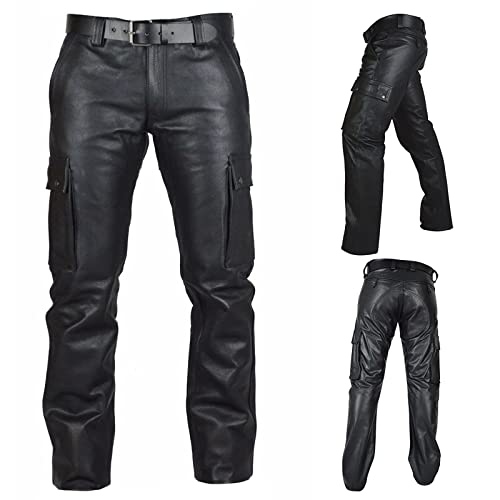 Men's PU Leather Pants Oversized Outdoor Goth Punk Motorcycle Trousers Spring Slim Fit Belt Cargo Pants with Pockets2