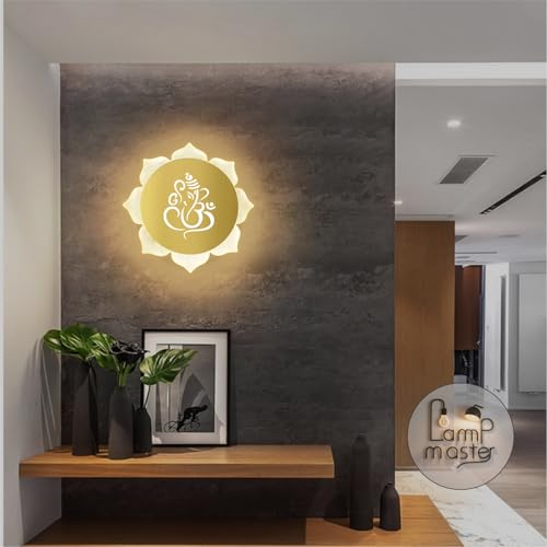 Image of Flower Ganpati LED Wall Light - Gold & Frosted Acrylic | 23cm | Warm White | Ideal for Temple, Living Room, Bedroom, Pooja Room, Mandir, Shops, Hotel (Flower - Ganesh - Gold)