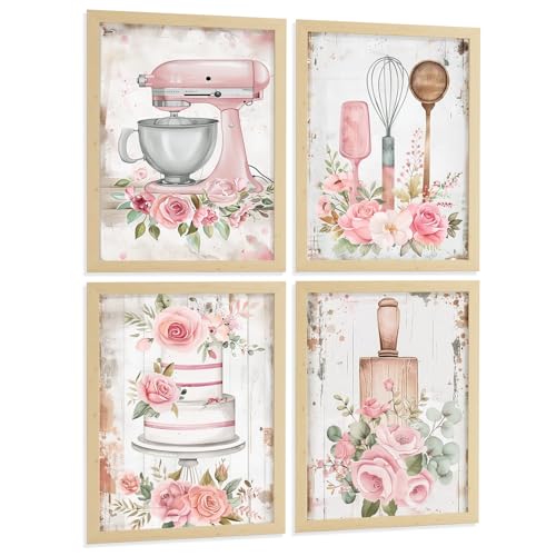 Nacnic Lot De 4 Affiches Pâtisserie Rose Shabby Chic Tableaux Gâteau Ustensiles Et Fleurs Déco Cuisine A3 Sans Cadre