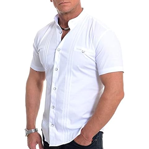 D&R Fashion Men's Shirt with Short Sleeve Grandad Collar and Decorative Vertical Lines White Cover