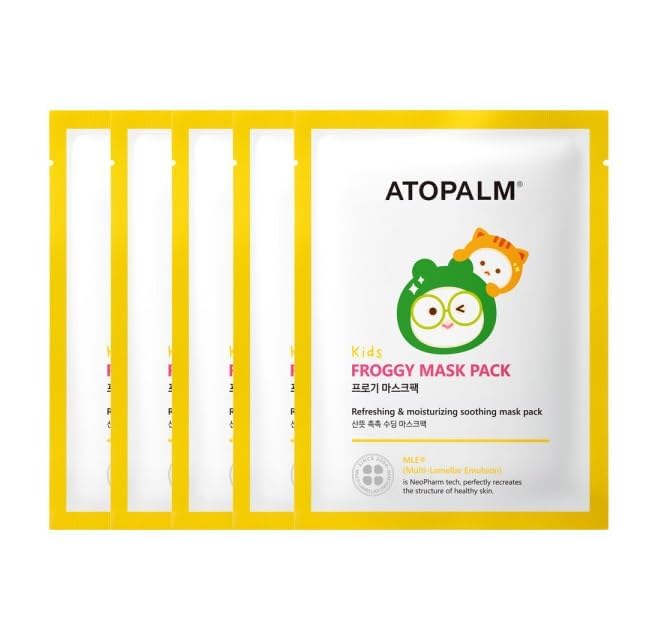 ATOPALM Máscara facial infantil de tecido com estampa de sapo, pacote com 5 unidades