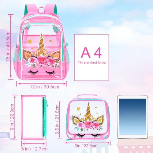 Image of WZLVO Kids Clear Backpack for Girls, 16 inch Heavy Duty PVC Transparent Bookbag with Frame Reflective Strip, Cute See Through School Bags for Elementary Preschool - Unicorn Pink