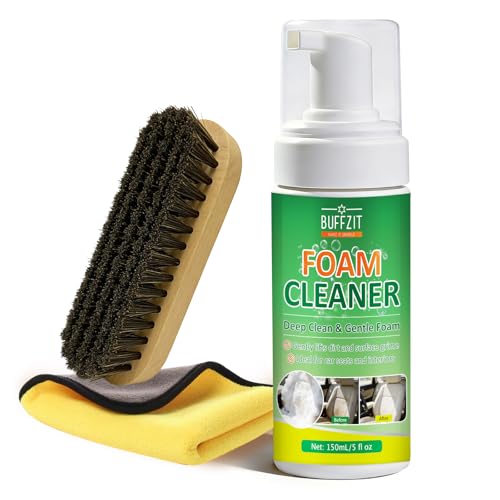 BUFFZIT Car Interior Foam Cleaner, All-in-One Kit with Soft Brush & Microfiber Towel, Deep Clean Seats, Carpet & Upholstery, No-Rinse, Safe on Leather, Fabric, Vinyl & Plastic, 150ml (5oz)