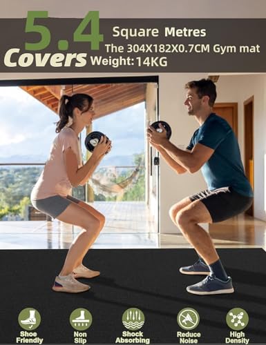 innhom Bodenschutzmatte Fitnessgeräte Fitness Sportmatte Fitnessmatte rutschfest, Hochstrapazierfähige Unterlegmatte Schutzmatte für Laufbänder (304 × 182 × 0,7 cm Schwarz)