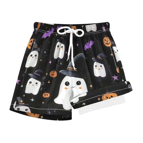 FLildon Halloween Funny Ghosts Boys Swim Trunks with Compression Liner Quick Dry Bathing Bottom Kids Beach Shorts, 12-13 Years