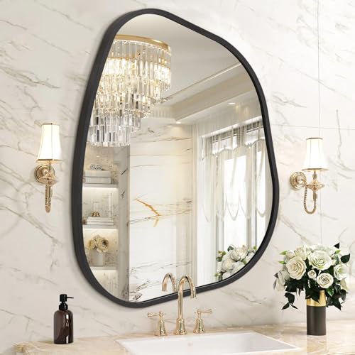 HLFMVWE Espejo de pared de baño irregular negro, marco de aleación de aluminio, espejos decorativos asimétricos de metal cepillado, espejo de tocador montado en la pared para sala de estar, dormitorio
