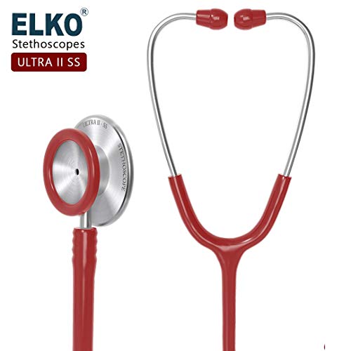 Image of ELKO EL-140 ULTRA II SS Stainless Steel Acoustic Stethoscope | For Doctors, Medical Students & Healthcare Professionals | Dual Head Chestpiece | 5.5mm Brass Pipe Frame | U-Shaped PVC Tubing (Red)