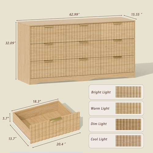 Image of Fluted 9 Drawer Dresser for Bedroom, 63 inch Wide Modern Wooden Chest of Drawers with Metal Handles, TV Stand & Closet Storage Organizer for Living Room,Hallway, Natural Wood