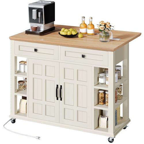 DWVO Rolling Kitchen Island with Drop Leaf, Mobile Storage Islands with Power Outlet Foldable Tabletop, 2 Drawers and Open Shelves, for Living Room, Dining Room, Off White