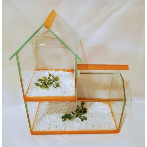 Aquario Beteira Modelo Castelo Peixe Betta Dois Andar com Pedrinhas e Planta Artificial (Laranja)