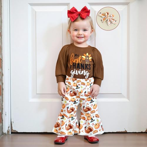 My First Thanksgiving Baby Girl Outfit Newborn Puff Sleeve Ribbed Knit Turkey Bodysuit Flare Pant Headband Clothes3