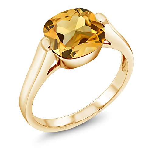 Gem Stone King 18K Yellow Gold Plated Silver Yellow Citrine Women's Ring 3.22 Ct Cushion Cut Available in (Available 5,6,7,8,9)