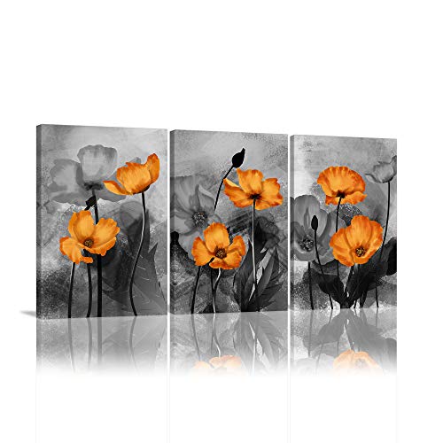 Orange Wall Art Elegant Poppy Orange Flower Wall Art Black and White Flower Wall Art Plant Abstract Flower Canvas Painting Picture for Living Room Wall Decor Wood Frame Stretched Easy to Hang 12