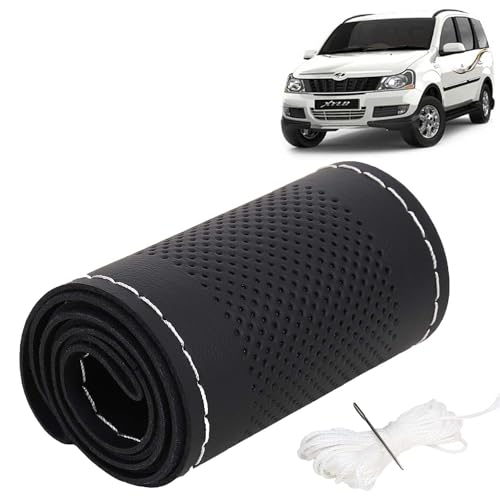Image of KINGSWAY PU Leatherite Car Steering Cover Sewable Compatible with Mahindra Xylo (Year 2009-2017), Black Color with Silver Thread, Pack of 1 with Sewing Needle and Thread