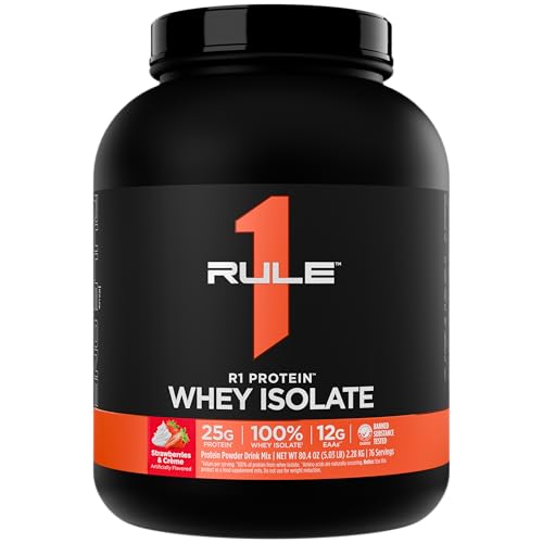Image of Rule1 Rule 1 R1 Protein Whey Isolate - with 25g Protein 6g BCAA Exclusively from Isolated Hydrolyzed Sources for Workout Recovery (5 Pounds, Strawberries Crme).
