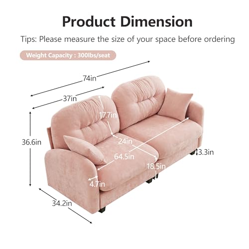 Image of KEIKI 74 inch Oversized Chenille Modular Sectional Loveseat Sofa with High-Density Foam Cushions and Tufted Pleated Cushion Backrest, Upholstered 2-Seater Cloud Couch with 2 Pillow, for Living Room, Pink