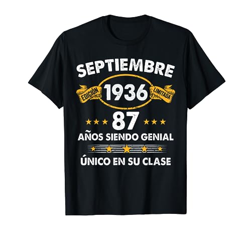 87 Años Cumpleaños Regalo Septiembre 1936 Septiembre 87 Años Camiseta