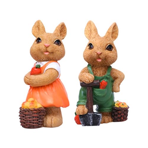 Lerpwige 2pcs Conejitos de Pascua Esculturas Resinas Decoraciones Animales Conejo Con Carro Figuras Para Balcones O Decoración del Hogar