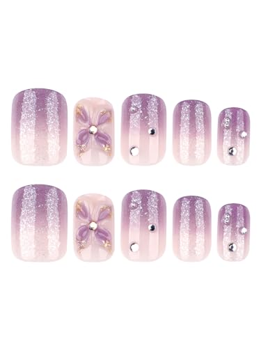 Image of Secret Lives Purple Gradient Artificial Press-On Nails - Short Square False Translucent Nail Extensions with 3D Flower Design 24-Pieces Set with Kit