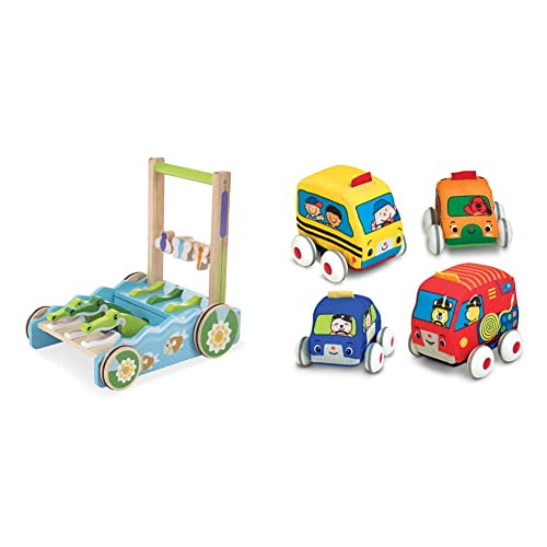 Melissa & Doug First Play Chomp and Clack Alligator Wooden Push Toy and Activity Walker & K's Kids Pull-Back Vehicle Set - Soft Baby Toy Set with 4 Cars and Trucks and Carrying Case