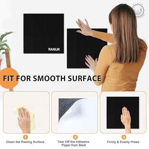 Image of RANUR 6 Pcs Felt Bulletin Board (30x30 cm) Self Adhesive Notice Boards with 50 Pins, Vision Board for Manifestation, Message Board for Notes, Photos, Office & Home Wall Decor (Black)
