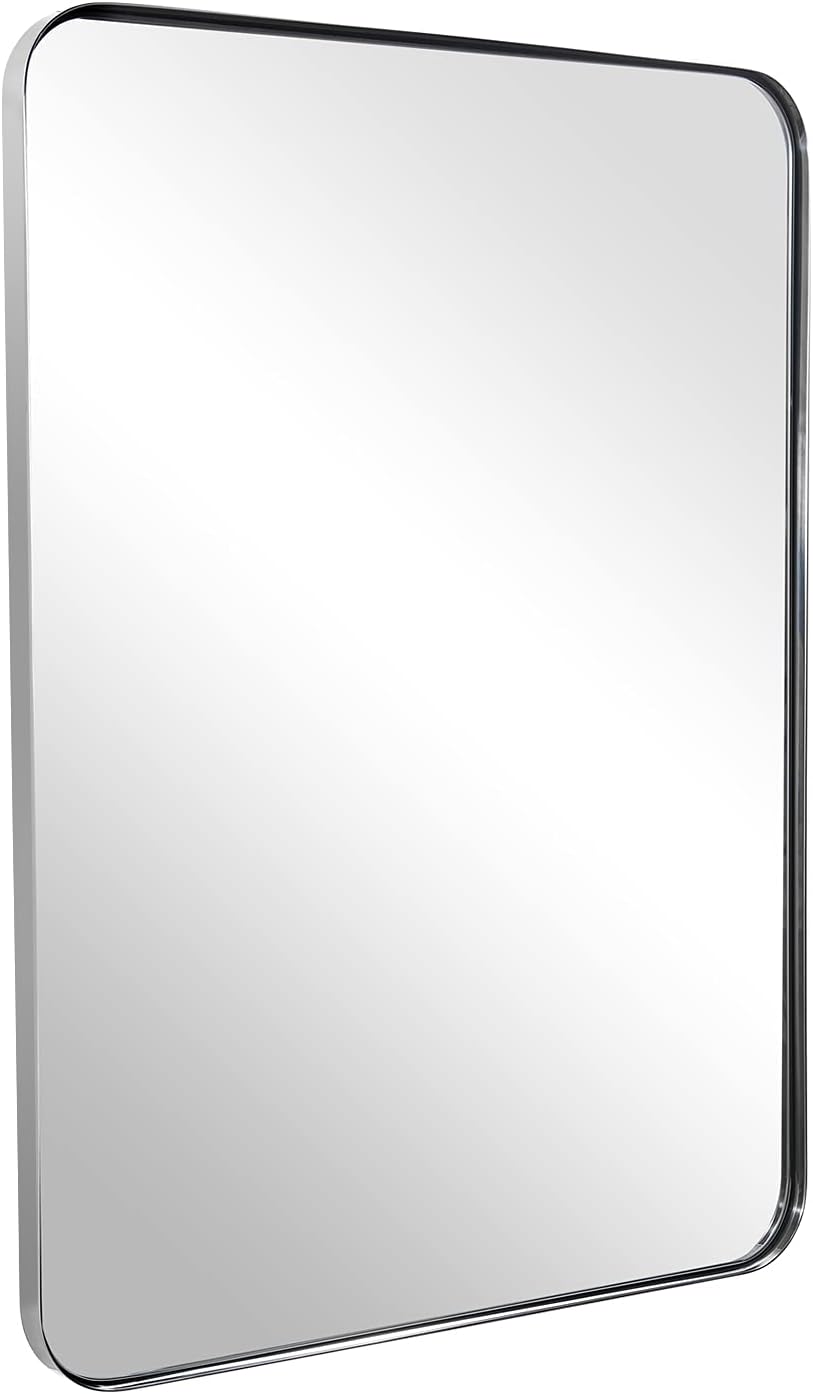 ANDY STAR Chrome Mirror for Bathroom, 24"x36" Metal Frame Wall Mirror with Rounded Corner, Modern Rectangle Bathroom Vanity Mirror with Polish Finish Chrome 36"L x 24"W