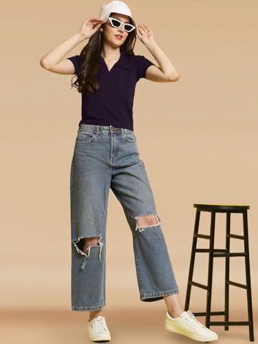 Image of Pinkmint Women's Solid Cotton Collar Neck Top ll Lycra Crop Tank T-Shirt ll Korean Trendy Half Sleeve ll Stylish Collared T-Shirt (Pack of 1)