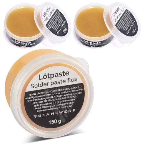 STAHLWERK Lötpaste 3er Set je 150 g Dose – ungiftig & mit integriertem Flussmittel, für glatte Lötflächen, optimale Benetzung & sauberes Arbeiten an SMD-, Chip- und Steckbauteilen