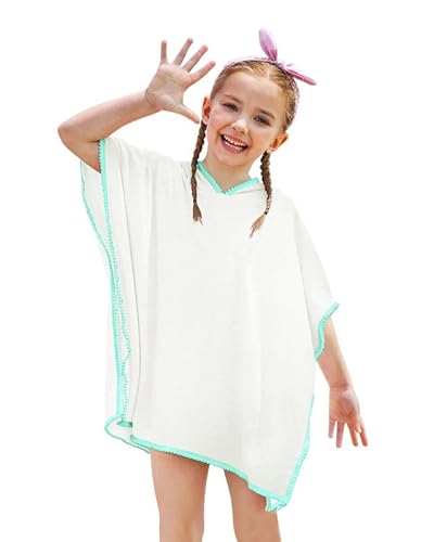 Besserbay Kid Girls Quick Dry Cozy Swimming Hooded Cover Up White Blue Swimwear Wraps Towel With Pom Pom Trim Tassel 7-10 Years #TOP18
